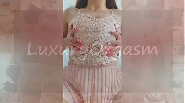 Pretty girl in pink dress and brown hair plays with her big tits - LuxuryOrgasm कुल वीडियो देखें